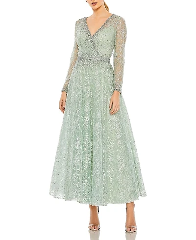 Mac Duggal Embellished Wrap Over Long Sleeve Midi Dress