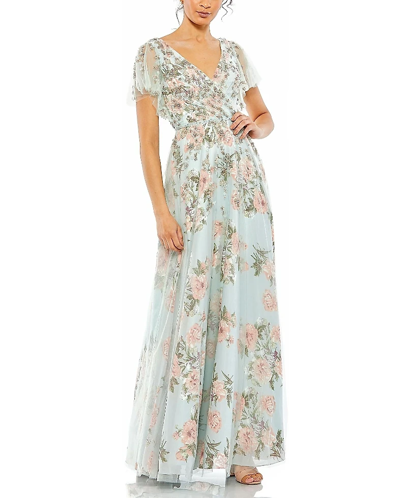 Mac Duggal Embellished Floral Gown with Mesh Flutter Sleeves and Beaded Waist