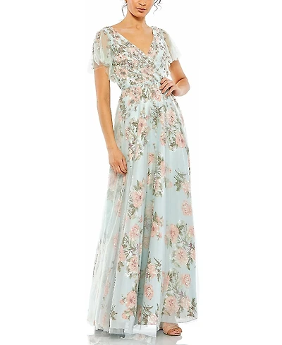 Mac Duggal Embellished Floral Gown with Mesh Flutter Sleeves and Beaded Waist