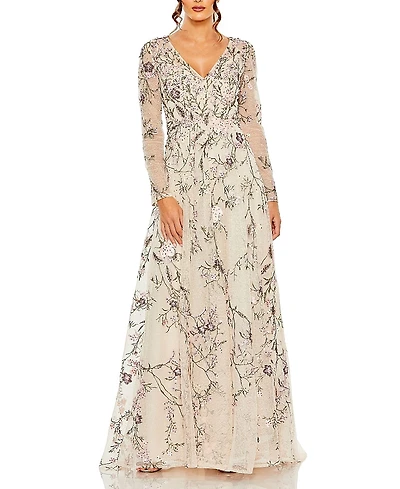 Mac Duggal V Neck Long Sleeve Embroidered Gown