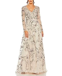 Mac Duggal V Neck Long Sleeve Embroidered Gown
