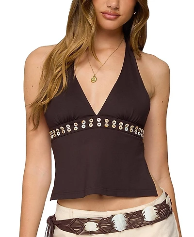 Edikted Pearlsy Button Backless Halter Top