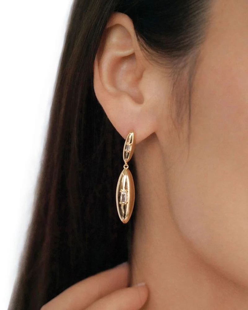 Baguette Cubic Zirconia Oval Dome Double Drop Earrings