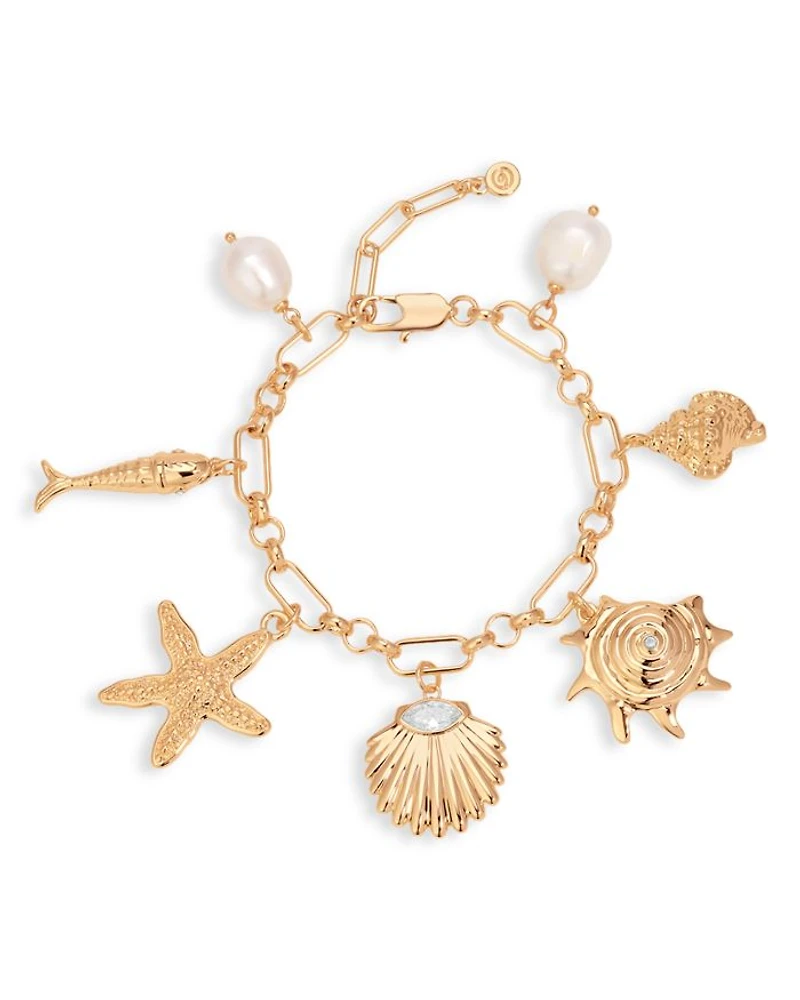 Radiant Cubic Zirconia & Cultured Freshwater Pearl Shell Charm Bracelet