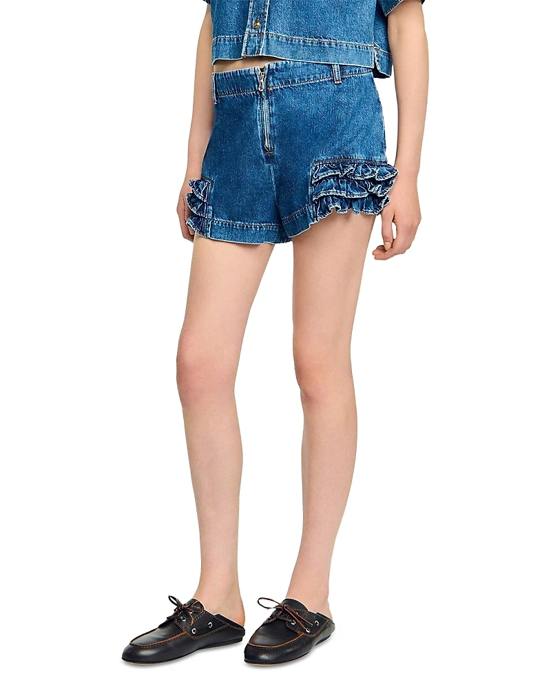 Sandro Ruffled Denim Shorts