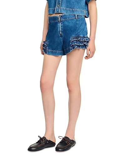 Sandro Ruffled Denim Shorts