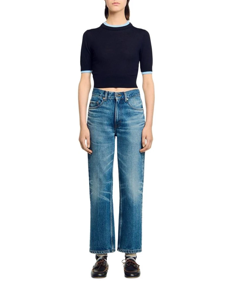 Two Tone Cropped Short Sleeve Sweater