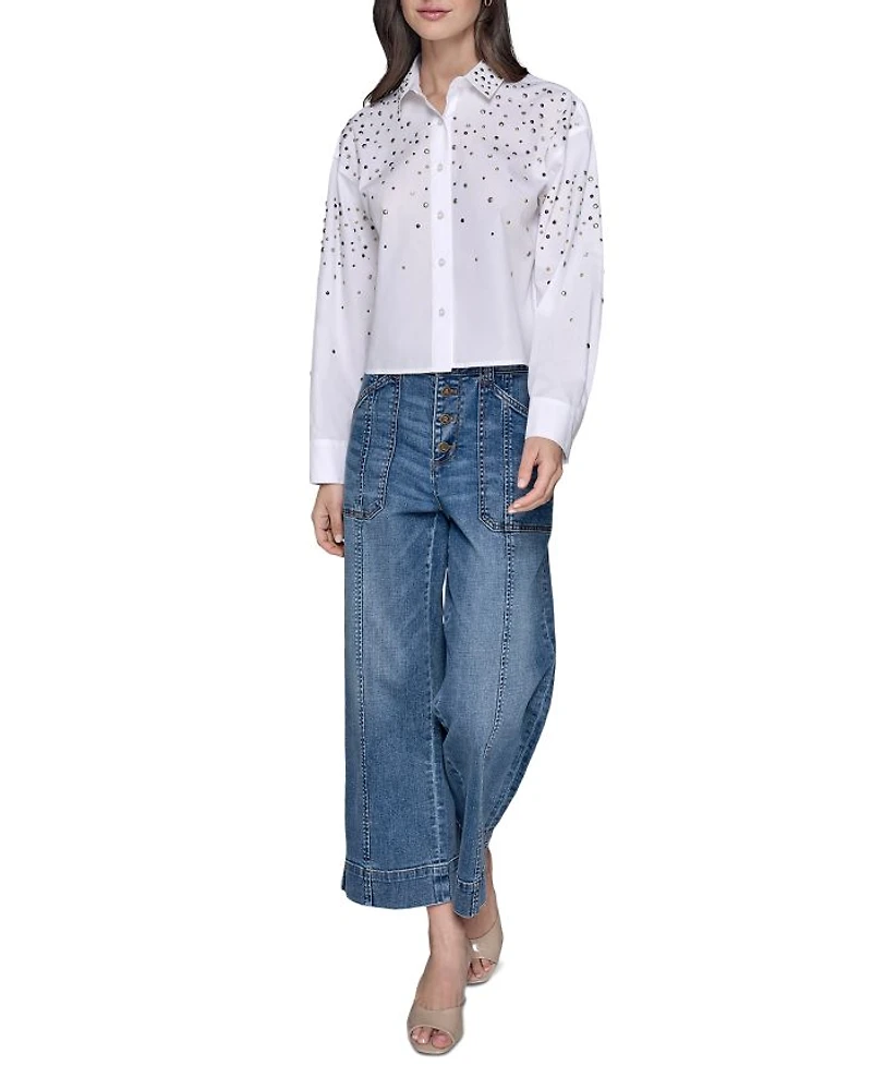 Embellished Cropped Button Down Shirt