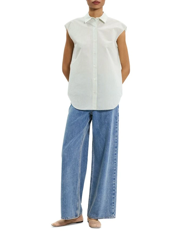 Cinched Cap-Sleeve Shirt Striped Cotton-Blend