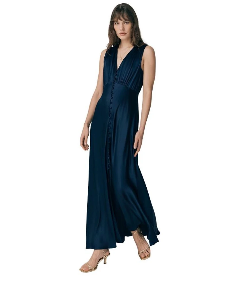 River V Neck Button Satin Maxi Dress