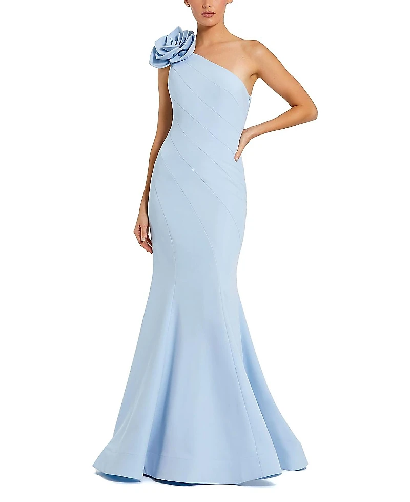 Mac Duggal Crepe One Shoulder Mermaid Gown with 3D Flower