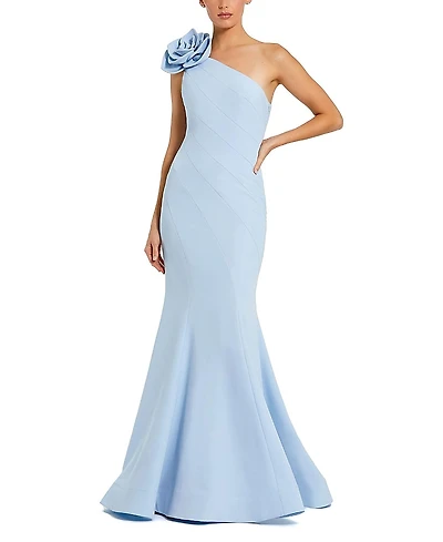 Mac Duggal Crepe One Shoulder Mermaid Gown with 3D Flower