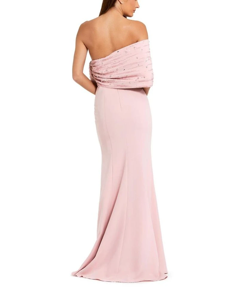 Off-the-Shoulder Satin Mermaid Gown with Beaded Bow Detail
