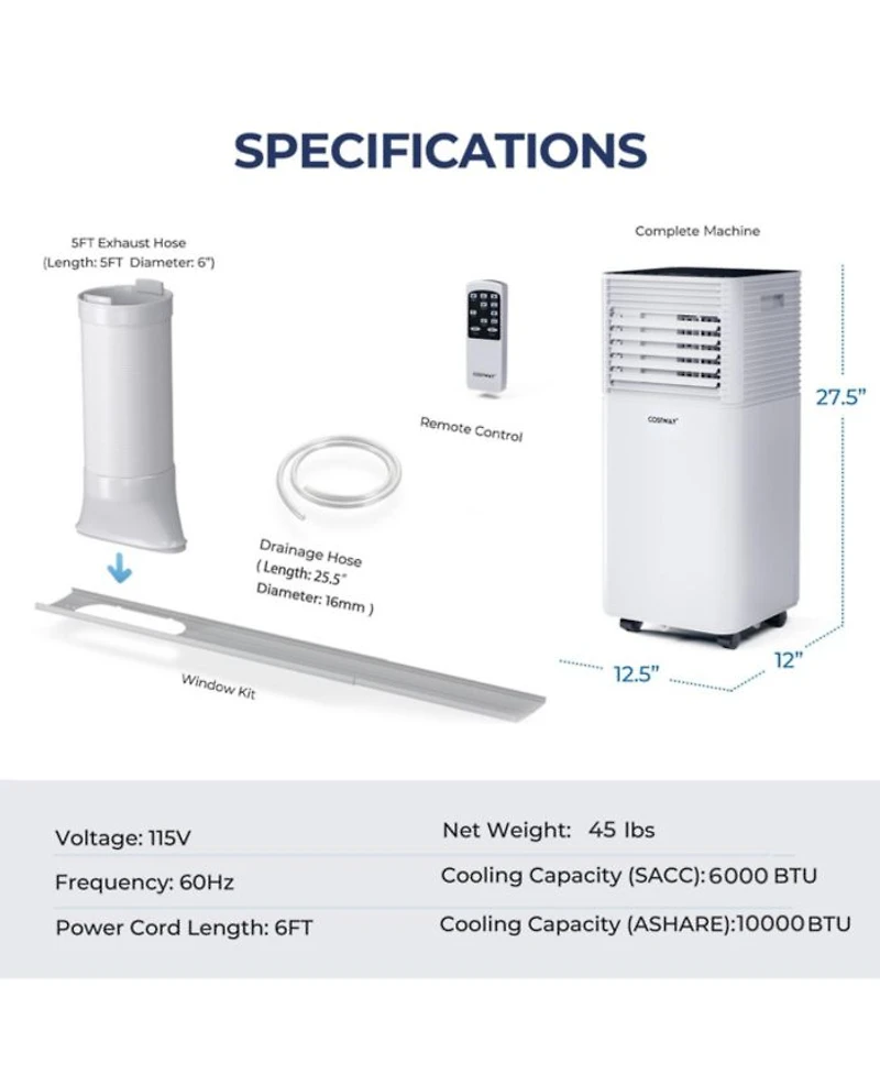 10000 BTU Portable Air Conditioner 3-in-1 Cooler w/Dehumidifier & Fan Mode