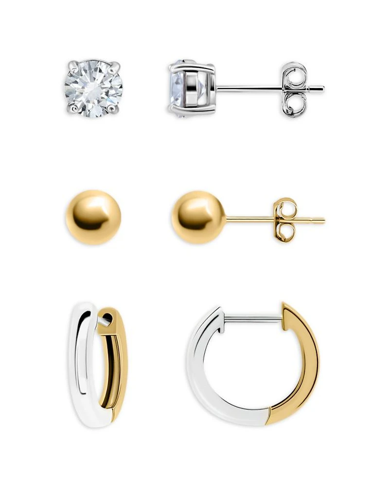 Cubic Zirconia & Polished Two-Tone Stud & Hoop Earrings, Set of 3