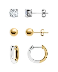 Cubic Zirconia & Polished Two-Tone Stud & Hoop Earrings, Set of 3