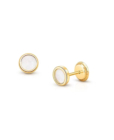 Tiny Blessings Girls' 14K Gold Genuine Shimmer Mother of Pearl Round Studs Screw Back Earrings