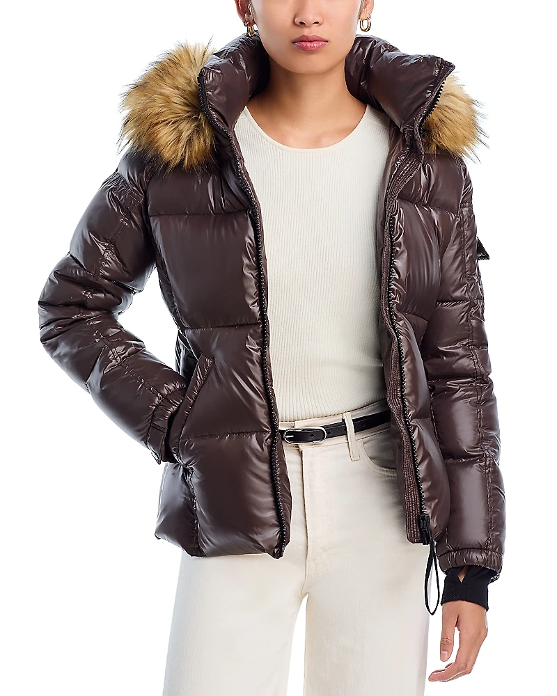 Aqua Gloss Puffer Jacket with Faux Fur Trimmed Hood - Exclusive