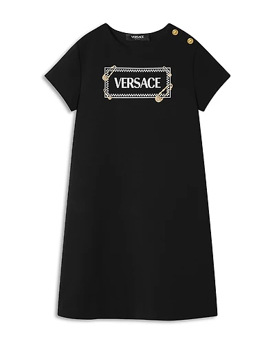 Versace Girls' Punto Milano Jersey & 90s Logo Pinned Print Dress - Big Kid