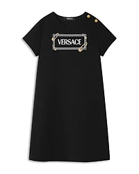 Versace Girls' Punto Milano Jersey & 90s Logo Pinned Print Dress - Big Kid