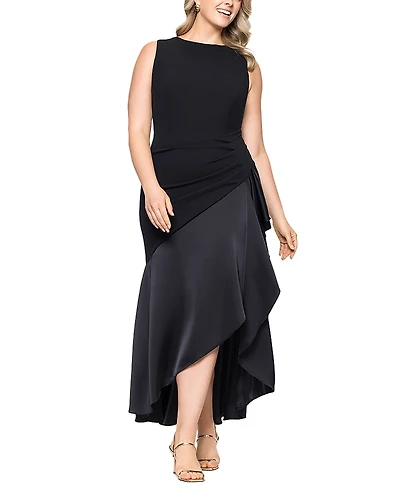 Betsy & Adam Plus Mixed Media Ruffle Gown