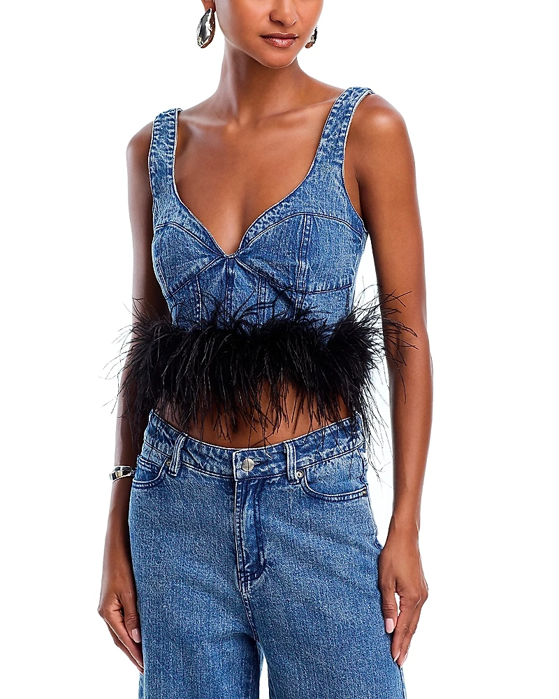 Aqua Feather Trim Denim Crop Top - Exclusive