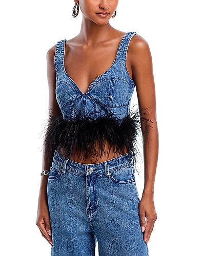 Aqua Feather Trim Denim Crop Top - Exclusive