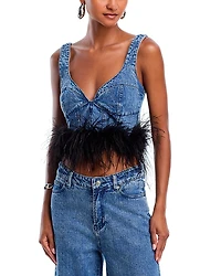 Aqua Feather Trim Denim Crop Top - Exclusive