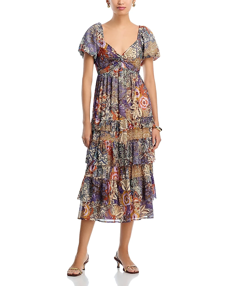 Aqua Metallic Floral Print Midi Boho Dress - Exclusive