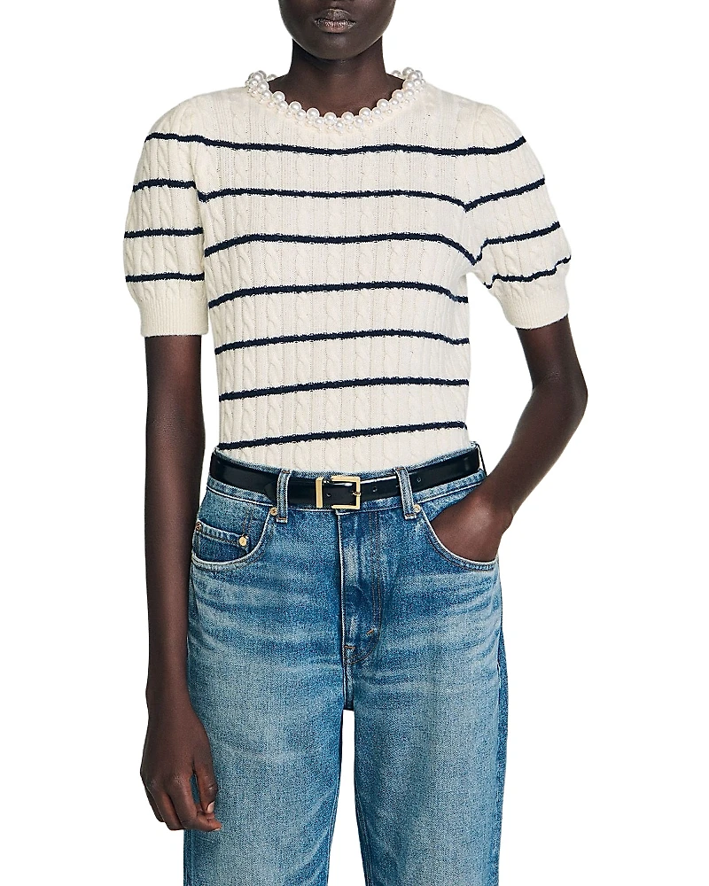 Sandro Faux Pearl Collar Striped Sweater