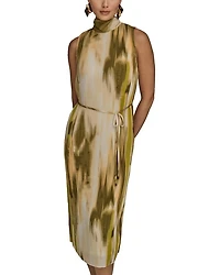 Sleeveless Mock Neck Pleated Midi Dress