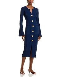 Cara Aron Dress V Neck Button Front Slim Long Sleeve Midi Stretch Bodycon