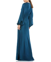 Satin Long Blouson Sleeve Evening Gown