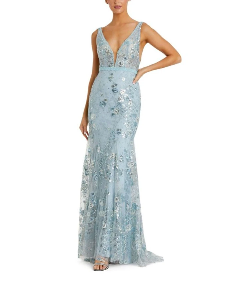 Floral Embellished Sleeveless Plunge Neck Gown