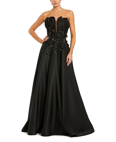 Mac Duggal Strapless Satin Floral Beaded Embellished Ballgown