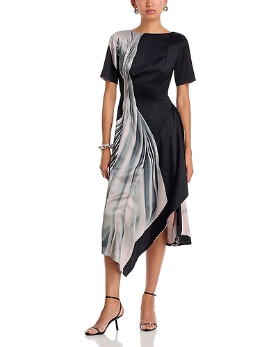 Jason Wu Collection Dancing Pleat Print Short Sleeve Fit and Flare Dress