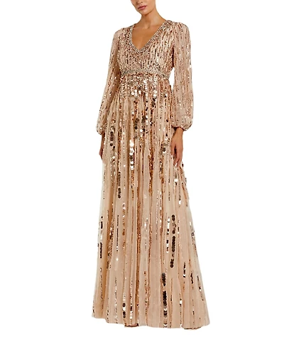 Mac Duggal Embellished Mesh Long Sleeve V Neck Gown
