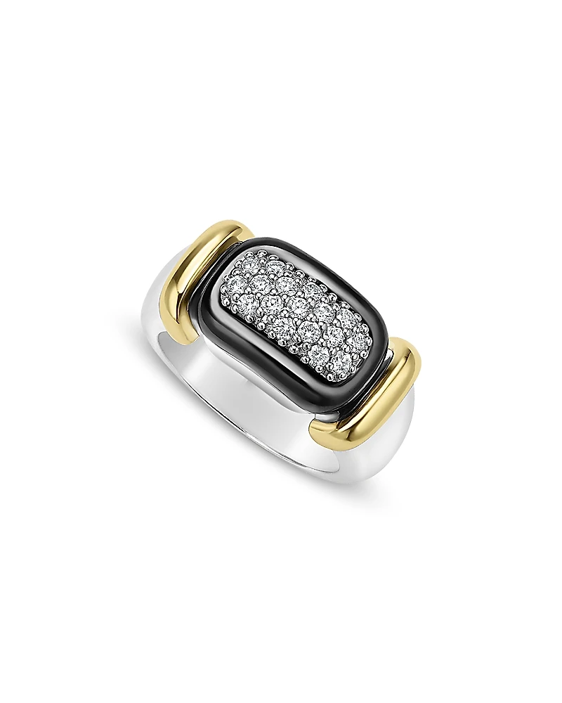 Lagos 18K Yellow Gold & Sterling Silver Black Caviar Diamond & Black Ceramic Cluster Ring