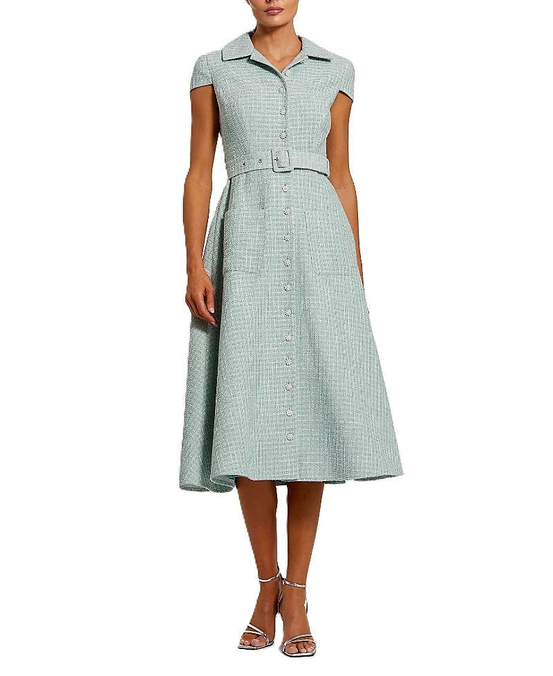 Mac Duggal Boucle Cap Sleeve Button Up Midi Dress