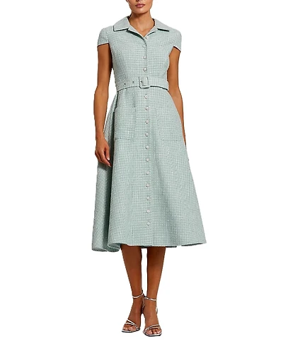 Mac Duggal Boucle Cap Sleeve Button Up Midi Dress