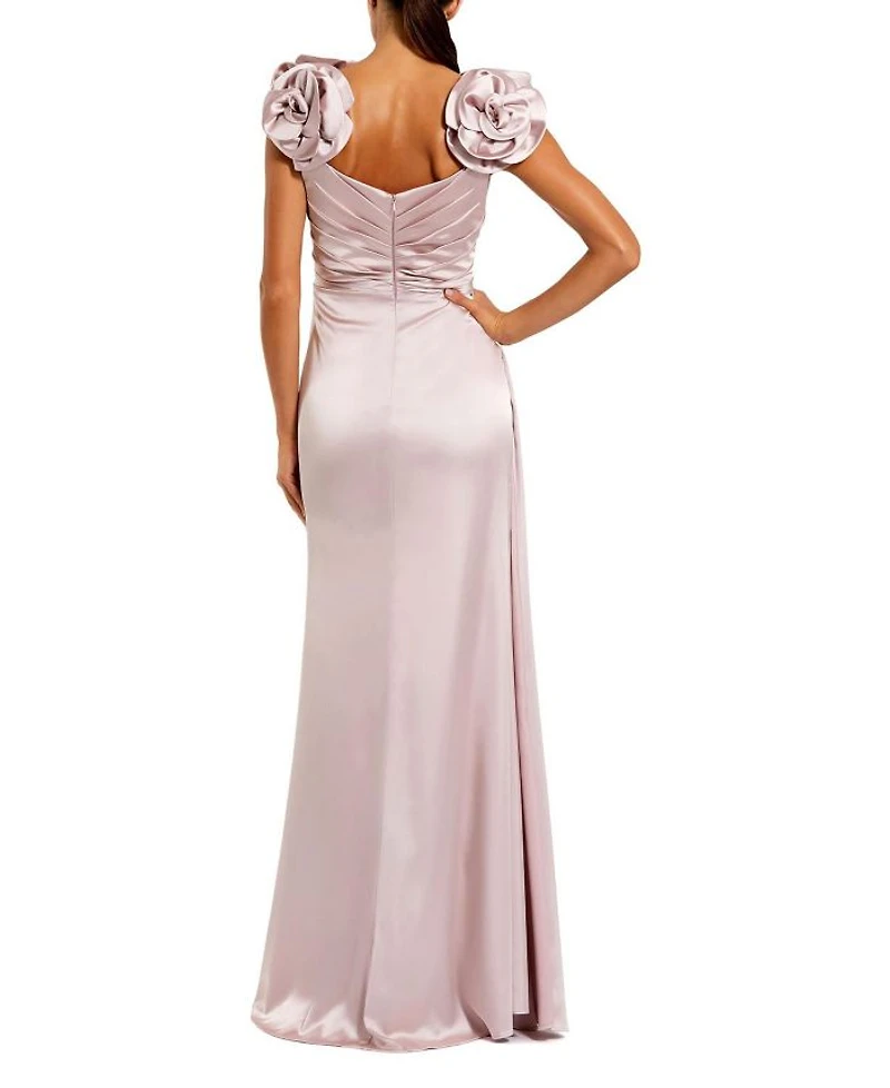 Satin Faux Wrap Gown with 3D Flower Straps