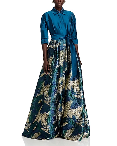 Teri Jon by Rickie Freeman Taffeta Jacquard Shirt Gown