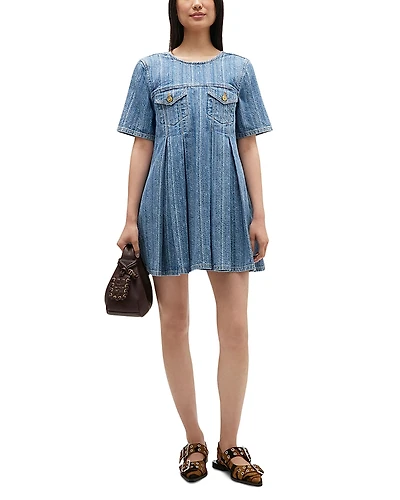 Ganni Striped Denim Pleated Dress