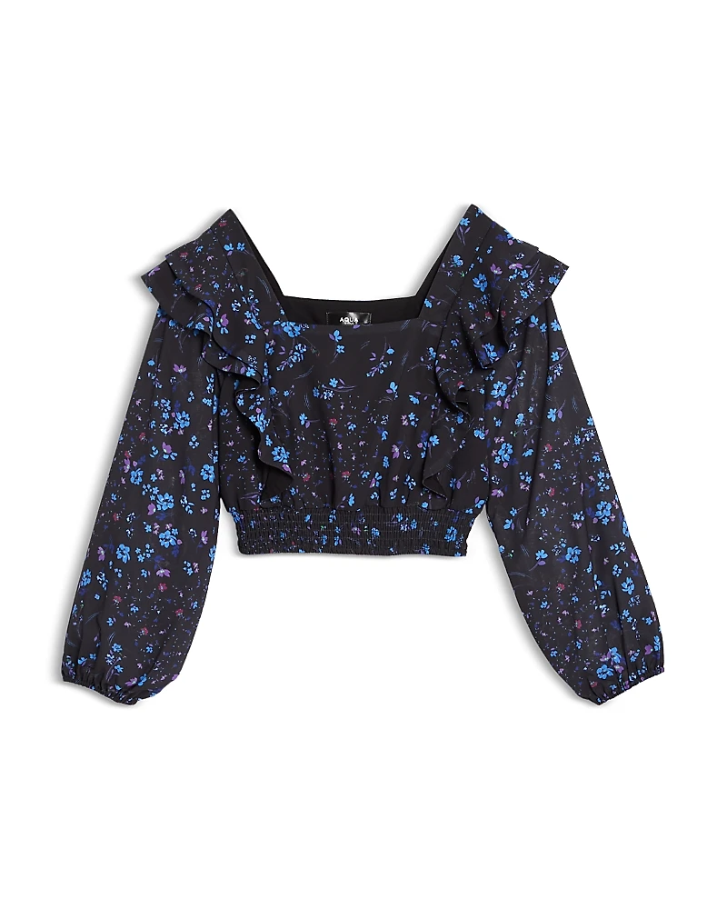 Aqua Girls' Floral Print Ruffled Top, Little Kid, Big Kid - Exclusive