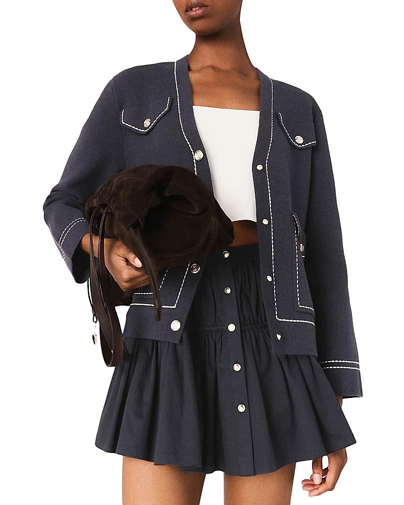 Maje Long Topstitched Knit Cardigan Sweater