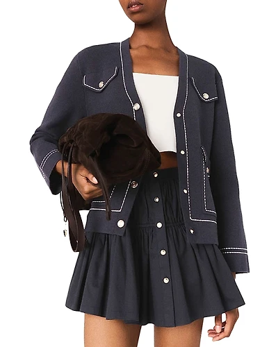 Maje Long Topstitched Knit Cardigan Sweater