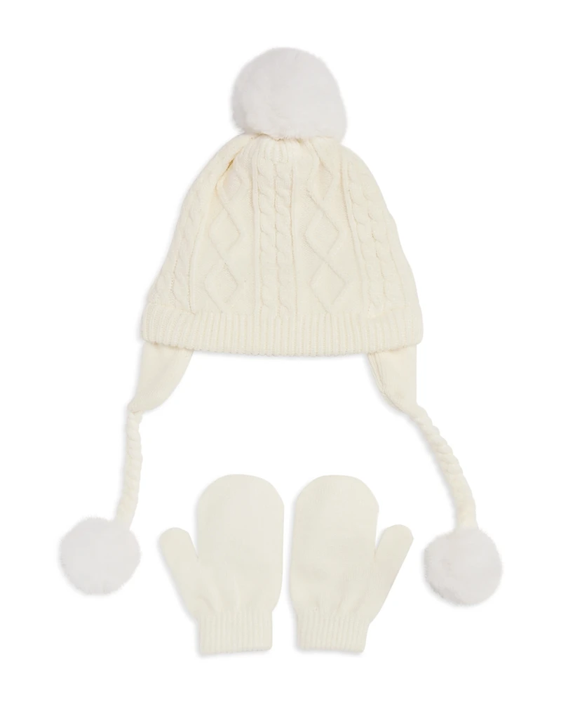 Capelli Girls' Super Soft Cable Knit Earflap Hat with Faux Fur Pom & Mittens Set