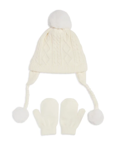 Capelli Girls' Super Soft Cable Knit Earflap Hat with Faux Fur Pom & Mittens Set