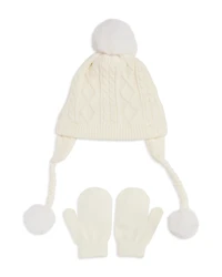 Capelli Girls' Super Soft Cable Knit Earflap Hat with Faux Fur Pom & Mittens Set