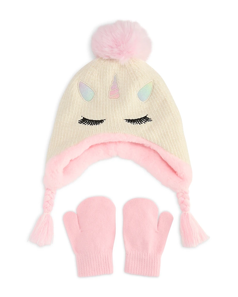 Capelli Girls' Sweet Unicorn Chenille Knit Earflap Hat & Mittens Set - Little Kid